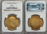 Ferdinand VII gold 8 Escudos 1818 LM-JP AU58 NGC, Lima mint, KM129.1. Lustrous, with rich tangerine peripheral tones contrasting against the yellow-go...