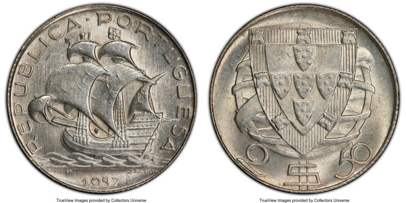 Republic 2-1/2 Escudos 1937 MS64 PCGS, KM580. Key date of series. 

HID0980124...