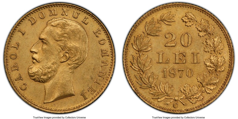 Carol I gold 20 Lei 1870-C MS63 PCGS, Bucharest mint, KM7. A scarce one-year iss...