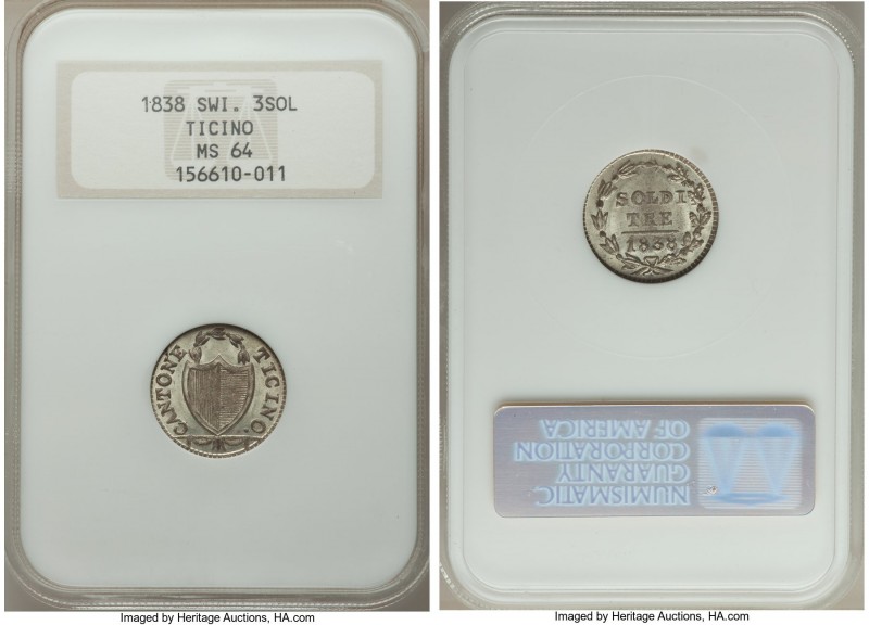 Ticino. Canton 3 Soldi 1838 MS64 NGC, KM2. Exceptionally preserved for this less...