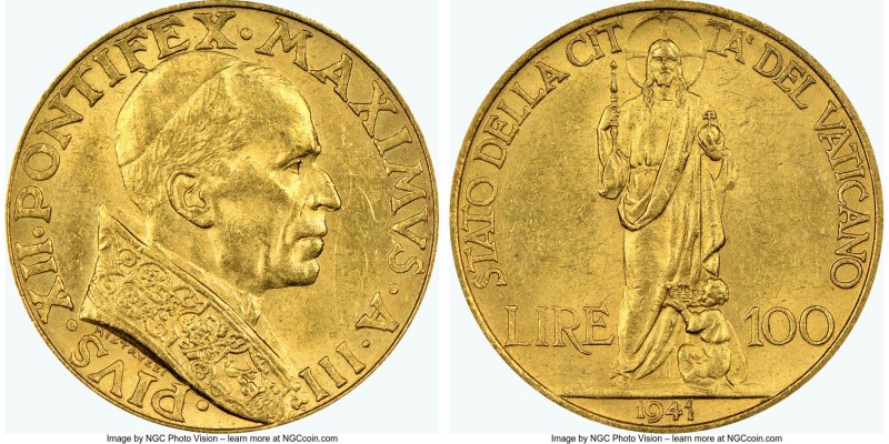 Pius XII gold 100 Lire Anno III (1941) AU58 NGC, KM30.2. AGW 0.1502 oz. 

HID0...