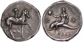 KALABRIEN TARENT
 AR-Didrachme/Nomos 281-272 v. Chr., Zo(...), Neume(...), Poly(...) Vs.: Jüngling sitzt auf n. r. stehendem Pferd und bekränzt es, R...