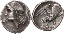 KALABRIEN TARENT
 AR-Drachme 281-272 v. Chr., Sos(...) und Dio(...) Vs.: Kopf der Athena mit Skyllahelm n. l., Rs.: Eule steht mit ausgebreiteten Flü...