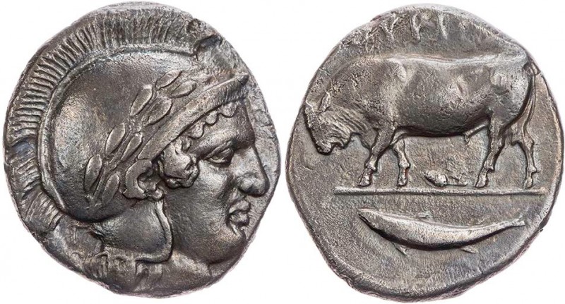 LUKANIEN THOURIOI
 AR-Didrachme/Nomos um 440-420 v. Chr. Vs.: Kopf der Athena m...