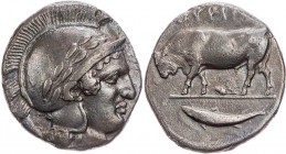 LUKANIEN THOURIOI
 AR-Didrachme/Nomos um 440-420 v. Chr. Vs.: Kopf der Athena mit Helm und Lorbeerkranz n. r., Rs.: Stier trottet auf Grundlinie n. l...