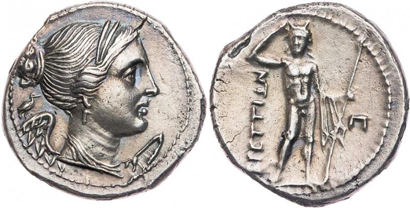 BRUTTIUM BRETTISCHE LIGA
 AR-Drachme 213-209 v. Chr. Vs.: Kopf der Nike mit Dia...