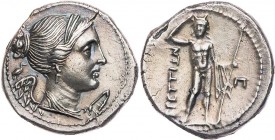 BRUTTIUM BRETTISCHE LIGA
 AR-Drachme 213-209 v. Chr. Vs.: Kopf der Nike mit Diadem n. r., links Vogel n. r., Rs.: Flussgott Aisaros steht mit Chlamys...