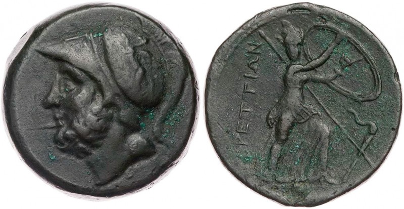 BRUTTIUM BRETTISCHE LIGA
 AE-Hexas 208-205 v. Chr. Vs.: Kopf des Ares mit korin...