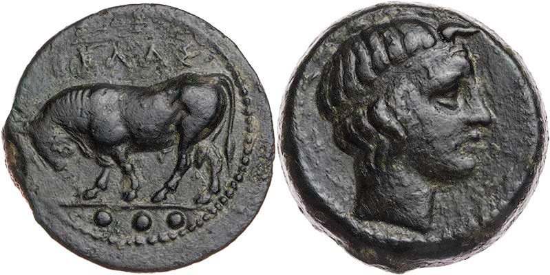 SIZILIEN GELA
 AE-Tetras 420-405 v. Chr. Vs.: Stier schreitet mit gesenktem Kop...