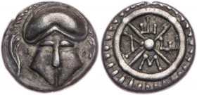 THRAKIEN MESEMBRIA
 AR-Diobol 450-350 v. Chr. Vs.: korinthischer Helm v. v., Rs.: Rad, in den Zwischenräumen M-E-T-A SNG Cop. 652. 1.30 g. ss-vz