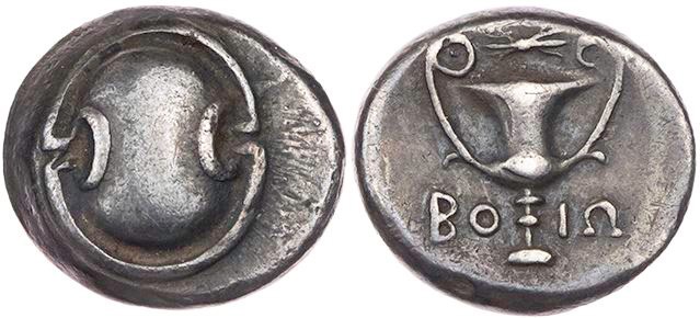 BÖOTIEN BUNDESPRÄGUNGEN
 AR-Hemidrachme 275-250 v. Chr. Vs.: boiotischer Schild...