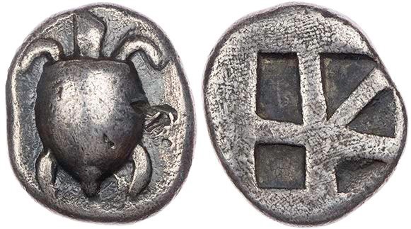 AEGINA AEGINA
 AR-Hemidrachme um 475-470 v. Chr. Vs.: Seeschildkröte, Rs.: 5-fe...