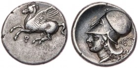 KORINTHIA KORINTH
 AR-Stater 345-307 v. Chr. Vs.: Pegasos fliegt n. l., unten Koppa, Rs.: Kopf der Athena mit korinthischem Helm n. l., rechts Delta ...