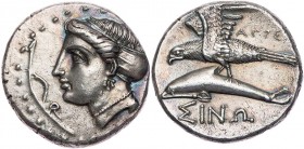 PAPHLAGONIEN SINOPE
 AR-Drachme um 330-300 v. Chr., unter Agreos Vs.: Kopf der Nymphe Sinope n. l., links Aphlaston, Rs.: Adler fliegt mit Delphin in...