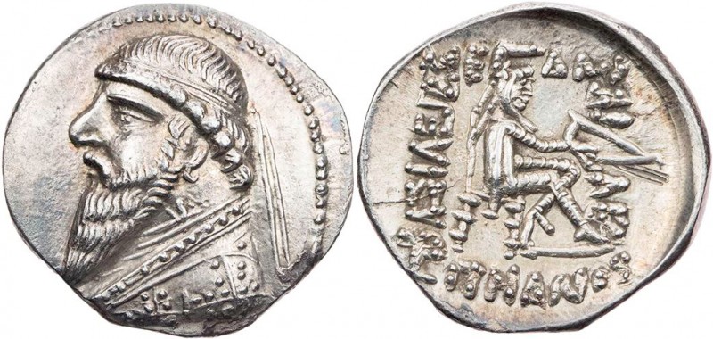 PARTHER, KÖNIGREICH DER ARSAKIDEN
Mithradates II., 123-88 v. Chr. AR-Drachme Ek...