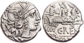 RÖMISCHE REPUBLIK
C. Renius, 138 v. Chr. AR-Denar Rom Vs.: Kopf der Roma mit geflügeltem Helm n. r., dahinter Wertzeichen X, Rs.: C·REN[I] / ROM[A], ...