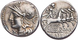 RÖMISCHE REPUBLIK
M. Baebius Q. f., 137 v. Chr. AR-Denar Rom Vs.: TA[MPIL], Kopf der Roma mit Helm n. l., unter dem Kinn Wertzeichen X, Rs.: ROMA / M...