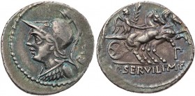 RÖMISCHE REPUBLIK
P. Servilius M.f. Rullus, 100 v. Chr. AR-Denar Rom Vs.: RV[LLI], Büste der Minerva mit Helm und Aegis n. l., Rs.: P·SERVILI·M·F (im...