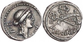 RÖMISCHE REPUBLIK
Q. Sicinius, 49 v. Chr. AR-Denar Rom Vs.: FORT P·R, Kopf der Fortuna Populi Romani mit Diadem n. r., Rs.: III - ·VIR / Q · SICINIVS...