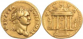 RÖMISCHE KAISERZEIT
Titus als Caesar, 69-79 n. Chr. AV-Aureus 73 n. Chr. Rom Vs.: T CAES IMP VESP CEN, Kopf mit Lorbeerkranz n. r., Rs.: VES-TA, Rund...