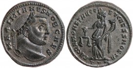 RÖMISCHE KAISERZEIT
Galerius als Caesar, 293-305 n. Chr. BI-Follis 300-303 n. Chr. Ticinum, 3. Offizin Vs.: MAXIMIANVS NOB CAES, Kopf mit Lorbeerkran...