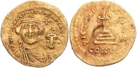 BYZANZ
Heraclius mit Heraclius Constantinus, 613-638. AV-Solidus 616-625 Constantinopolis, 5. Offizin Vs.: dd NN HERACLIUS ET HERA CONST [PP AVG], dr...