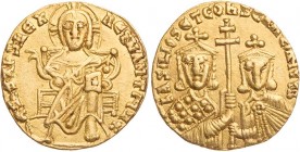 BYZANZ
Basilios I. mit Konstantinos, 868-870. AV-Solidus Konstantinopolis Vs.: + IhS XPS . REX REGhANTIUM, Christos Pantokrator thront segnend v. v.,...