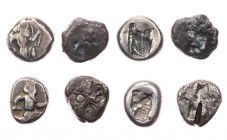 Lot, griechische Münzen Sigloi der Achaemeniden, davon ein Stück mit Punzen und Prüfhieb. 4 Stück ge-ss