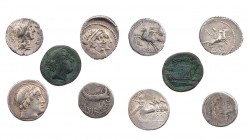 Lot, römische Münzen Prägungen der Römischen Republik: AE-Semuncia, dazu Denare des M. Sergius Silus, C. Marcius Censorinus, C. Gargonius mit M. Vergi...