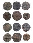 Lot, byzantinische Münzen Folles des Iustinianus I., Jahr 31, Nicomedia; Mauricius Tiberius, Jahr 8, Theupolis; Theophilos; Leon VI. (2); Romanos I. S...