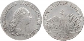 BRANDENBURG - PREUSSEN PREUSSEN, KÖNIGREICH
Friedrich II., 1740-1786. Taler 1766 A Berlin Vs.: belorbeerte Büste n. r., Rs.: Adler auf Waffen Olding ...