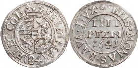 MÜNSTER BISTUM
Ferdinand von Bayern, 1612-1650. 4 Pfennig (1/84 Taler) 1641 Münster, ohne Mzz. Vs.: Wappen, Rs.: Wert und Jahr unediert; Schulze -, v...