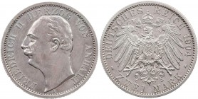 REICHSSILBERMÜNZEN ANHALT
Friedrich II., 1904-1918. 2 Mark 1904 A J. 22. vz-St