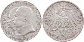 REICHSSILBERMÜNZEN HESSEN
Ernst Ludwig, 1892-1918. 2 Mark 1904 (A) Zum 400. Geburtstag Philipps des Großmütigen J. 74. winz. Randfehler, vz