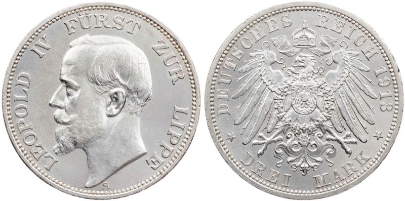 REICHSSILBERMÜNZEN LIPPE
Leopold IV., 1904-1918. 3 Mark 1913 A J. 79. Randfehle...