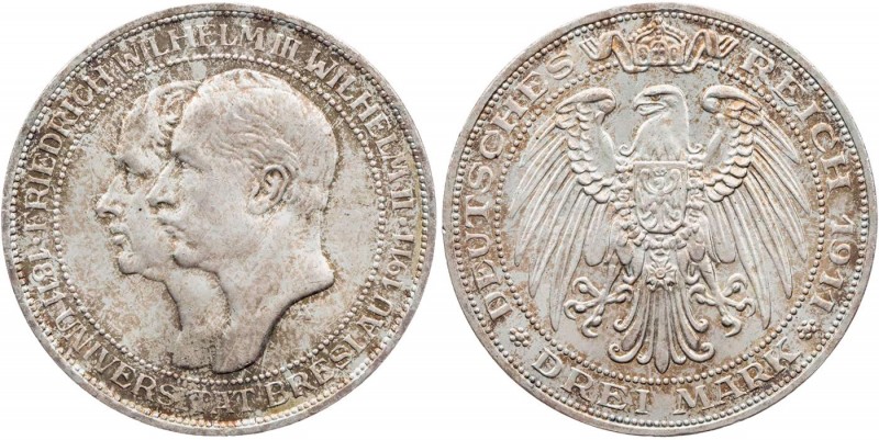 REICHSSILBERMÜNZEN PREUSSEN
Wilhelm II., 1888-1918. 3 Mark 1911 A Zur Jahrhunde...