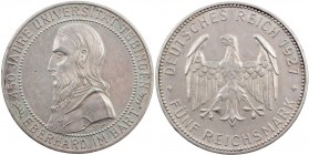 WEIMARER REPUBLIK
 5 Reichsmark 1927 F 450 Jahre Universität Tübingen J. 329. l. berieben, fast vz