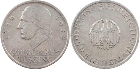 WEIMARER REPUBLIK
 5 Reichsmark 1929 J Zum 200. Geburtstag von Gotthold Ephraim Lessing J. 336. kl. Kratzer, ss+