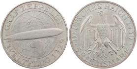 WEIMARER REPUBLIK
 5 Reichsmark 1930 A Zum Weltflug des "Graf Zeppelin" J. 343. fast vz/vz