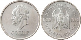 WEIMARER REPUBLIK
 3 Reichsmark 1932 A Zum 100. Todestag Goethes J. 350. kl. Kratzer, winz. Randfehler, vz