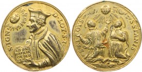 ITALIEN ROM
Stadt. Vergoldete Bronzemedaille o. J. (18. Jh.) wahrscheinlich Hamerani, Werkstatt Rom Wallfahrt, Vs.: Hüftbild des St. Ignatius von Loy...