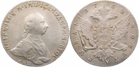 RUSSLAND KAISERREICH
Peter III., 1762. Rubel 1762 St. Petersburg Vs.: Brustbild n. r., Rs.: bekrönter Doppeladler, auf der Brust St. Georgsschild, Mm...