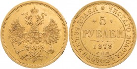 RUSSLAND KAISERREICH
Alexander II., 1855-1881. 5 Rubel 1873 St. Petersburg, Mmz. HI (kyrill.) Bitkin 21; Fr. 163. 6.55 g. Gold Randfehler, kl. Kratze...