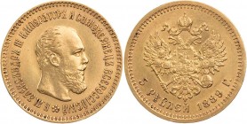 RUSSLAND KAISERREICH
Alexander III., 1881-1894. 5 Rubel 1889 St. Petersburg, Mmz. AG (kyrill.) Bitkin 34; Fr. 168. 6.47 g. Gold ss-vz