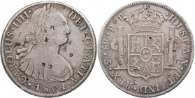 SPANIEN KÖNIGREICH
Carlos IV., 1788-1808. 8 Reales 1801 PP Potosi mit zahlreichen chinesischen Gegenstempeln (Chopmarks) KM 73.1. ss