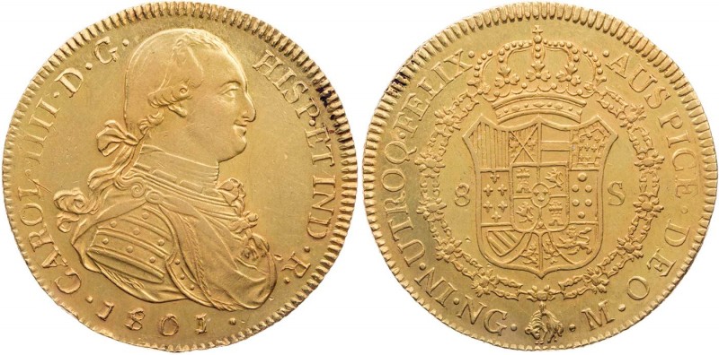SPANIEN KÖNIGREICH
Carlos IV., 1788-1808. 8 Escudos 1801 NG Nueva Guatemala Jah...