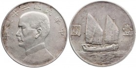 CHINA REPUBLIK, 1912-1949.
 Yuan (Dollar) 1934 (Jahr 23) Sun Yatsen KM 345; Dav. 223. kl. Kratzer, Randfehler, ss-vz