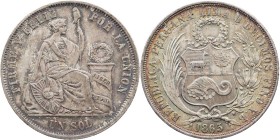 PERU
Republik seit 1822. 1 Sol 1865 YB Lima KM 196.1. herrliche, leicht irisierende Tönung, vz