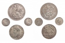 SÜDAMERIKA
 Lot Silbermünzen PERU: 1 Sol 1890 TF, Lima, KM 196/24; 1 Dinero 1907 und 1913, KM 204; BOLIVIEN: 4 Soles 1856 FJ, Potosi, Bolivar, KM 123...