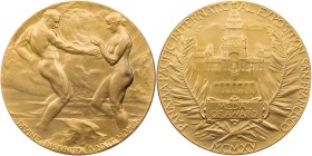 GEWERBE, HANDEL, INDUSTRIE WELTAUSSTELLUNGEN
San Francisco (1915) Vergoldete Bronzemedaille 1915 ohne Signatur, v. John F. Flanagan Prämie, Vs.: Nack...